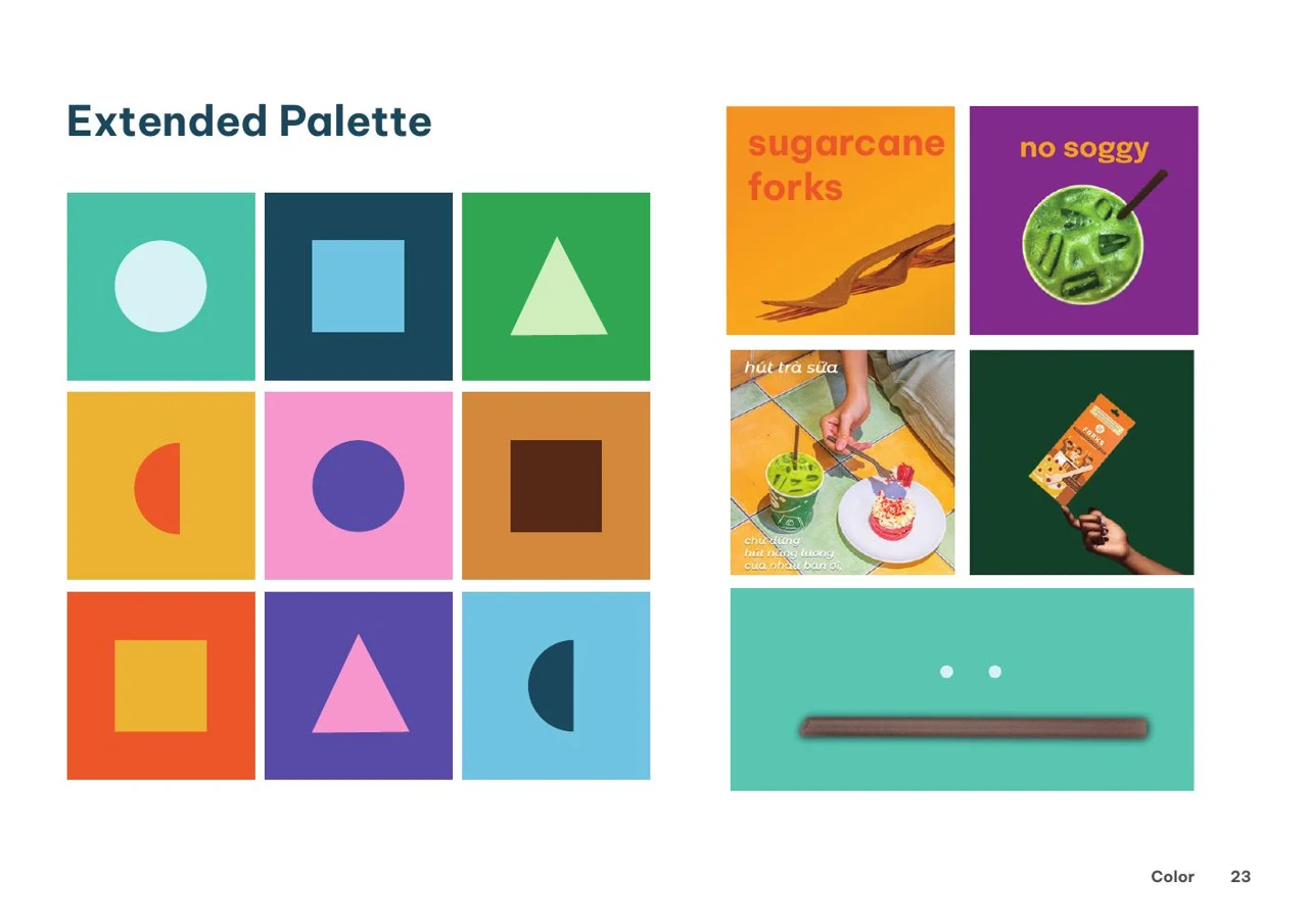 EQUO brand guideline page with extended palette and packaging applications