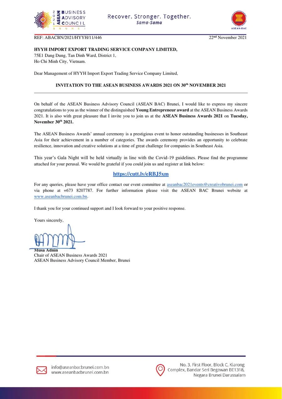 ASEAN Business Awards announcement letter