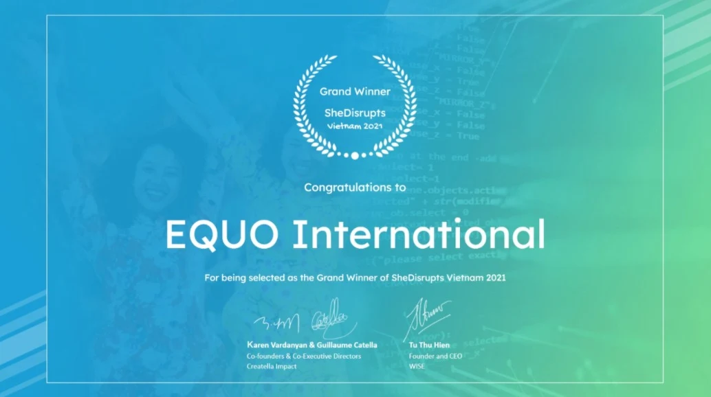 EQUO International SheDisrupts Grand Winner certificate