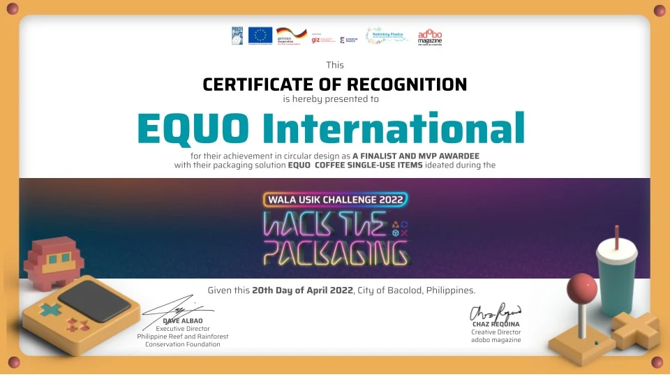 EQUO Wala Usik finalist and MVP recognition certificate